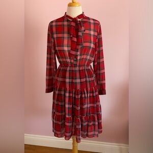 Xhilaration Red Plaid Tie-Neck Tiered Long-Sleeve Dress